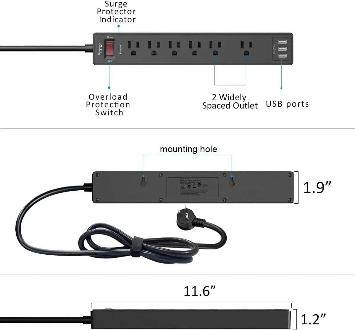 Mourixa-6Ft Power Strip Surge Protector - Yintar-07.webp
