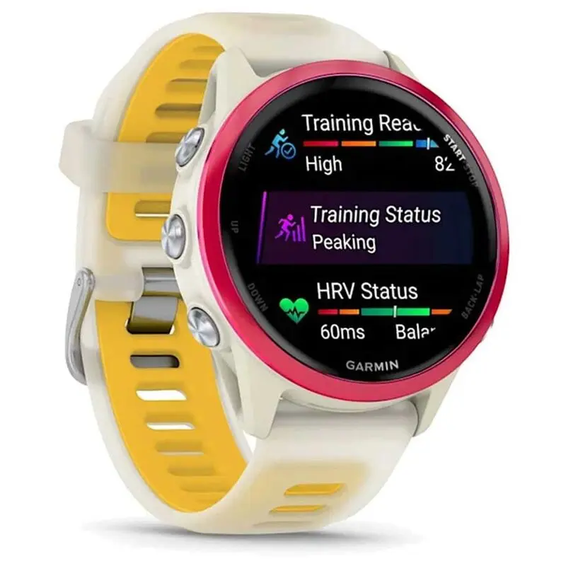 Garmin Forerunner 570 42mm Raspberry Aluminium Smartwatch with Translucent Bone-Mango Band Mourixa Qatar-3.webp