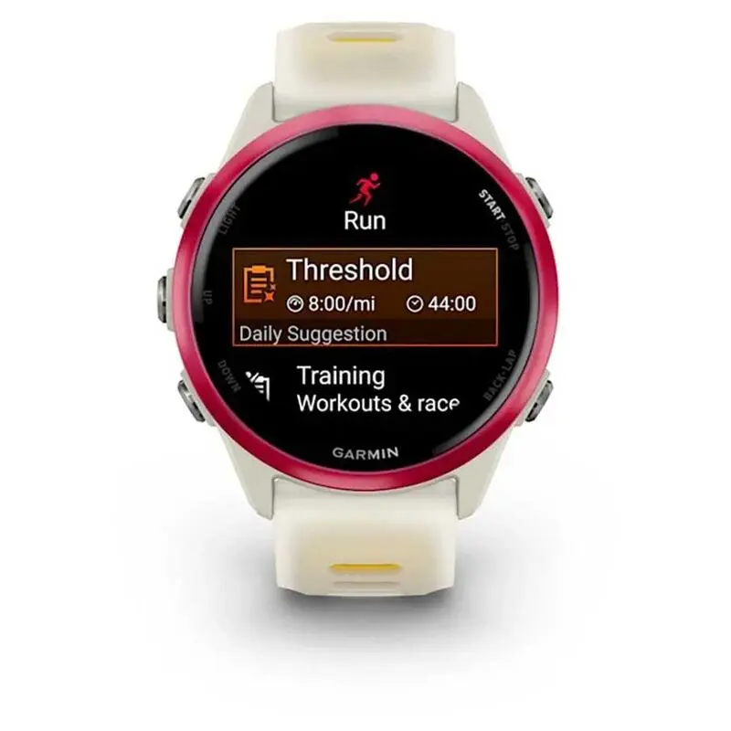 Garmin Forerunner 570 42mm Raspberry Aluminium Smartwatch with Translucent Bone-Mango Band Mourixa Qatar-1.webp