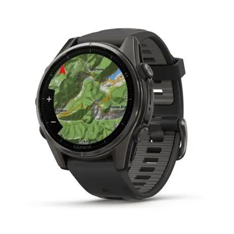 Garmin Fenix 8 43mm AMOLED Sapphire Carbon Gray DLC Titanium Smartwatch - Black-Pebble Gray Silicone Band-Mourixa Qatar-5.webp