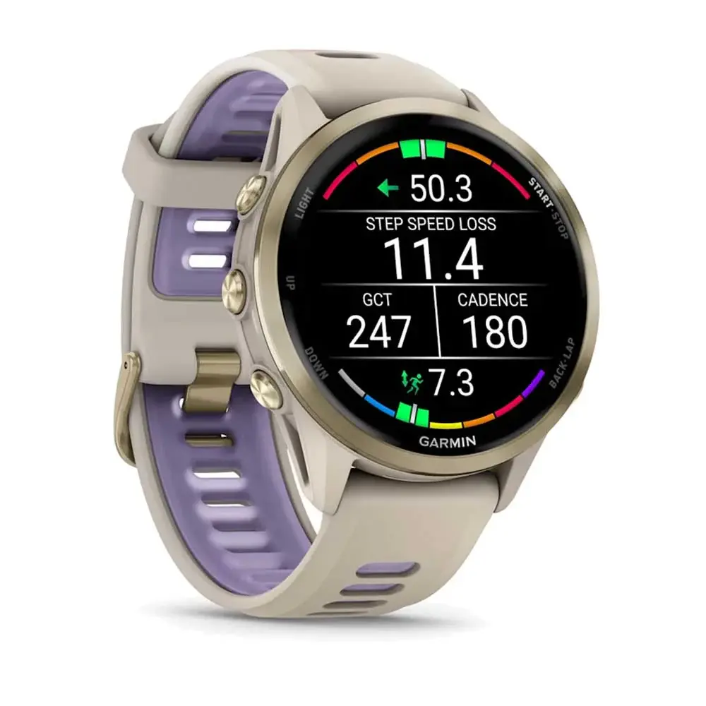 Garmin Forerunner 970 Soft Gold Titanium Smartwatch with French Gray Case & French Gray-Translucent Indigo Band-Mourixa Qatar-3.webp