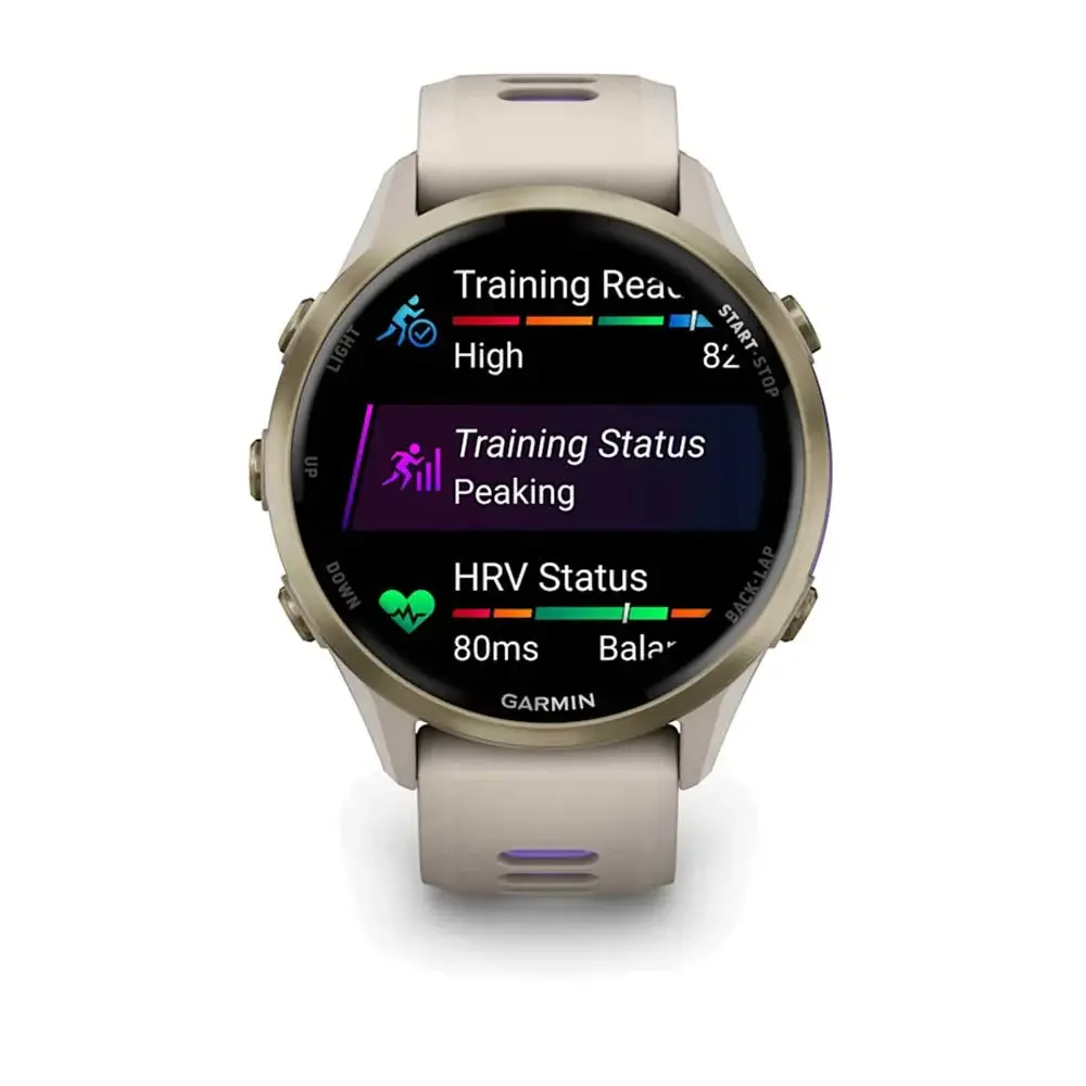 Garmin Forerunner 970 Soft Gold Titanium Smartwatch with French Gray Case & French Gray-Translucent Indigo Band-Mourixa Qatar-4.webp