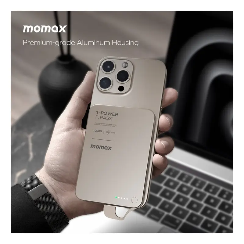 Momax 1-Power F.Pass+ 10000mAh Power Bank With Built-In Cable & Magnetic Attachment- Desert Titanium mourixa qatar-2.webp