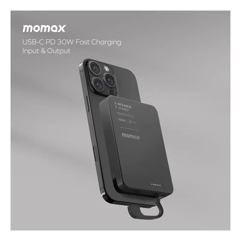 Momax 1-Power F.Pass+ 10000mAh Power Bank With Built-In Cable & Magnetic Attachment- Desert Titanium mourixa qatar-3.webp