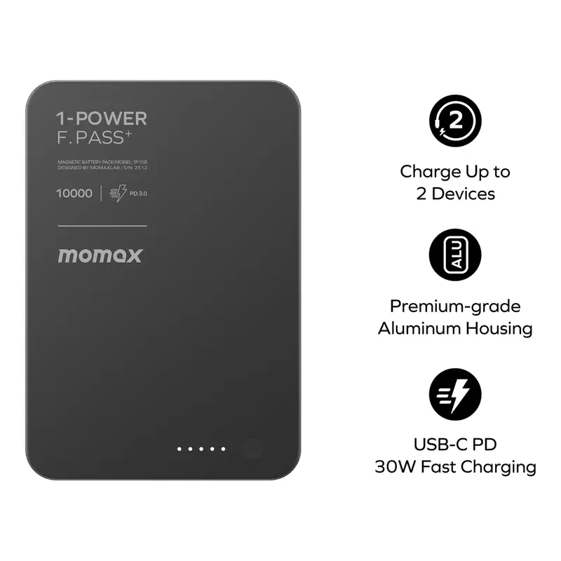 Momax 1-Power F.Pass+ 10000mAh Power Bank With Built-In Cable & Magnetic Attachment- Desert Titanium mourixa qatar-10.webp