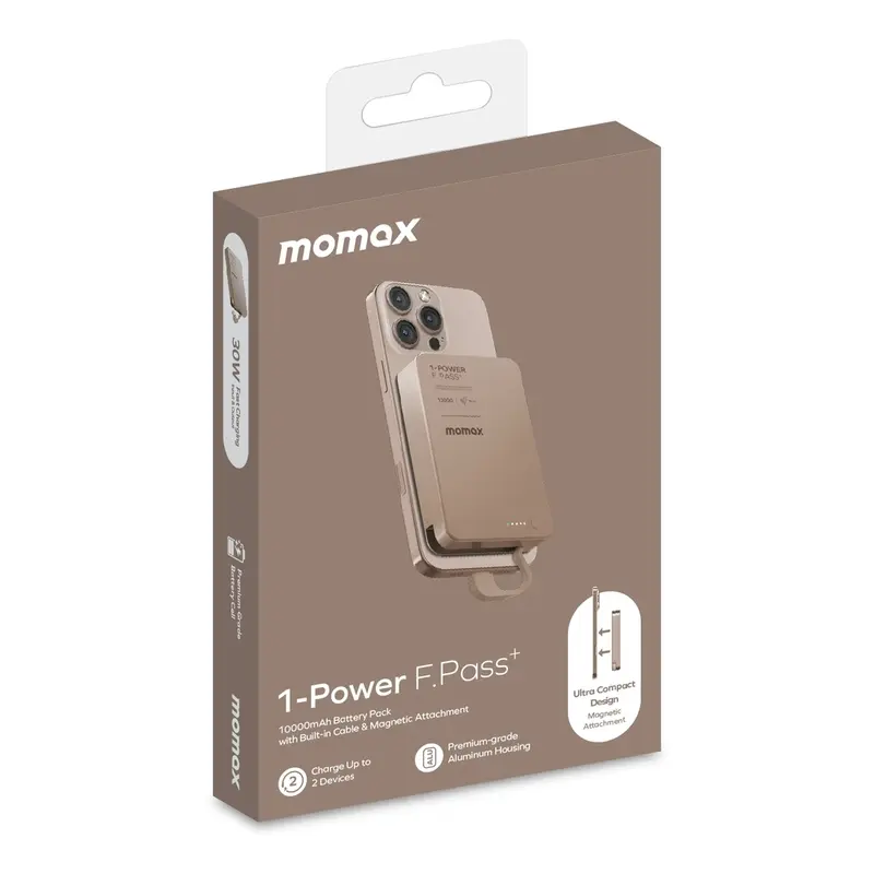 Momax 1-Power F.Pass+ 10000mAh Power Bank With Built-In Cable & Magnetic Attachment- Desert Titanium mourixa qatar-8.webp