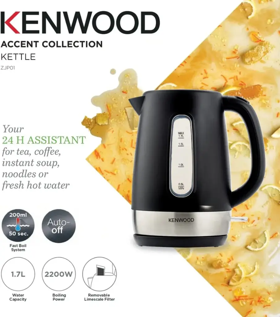 Kenwood Kettle 1.7L Cordless Electric Kettle 2200W with Auto Shut-Off & Removable Mesh Filter ZJP01.A0BK Black-Silver-mourixa Qatar.webp