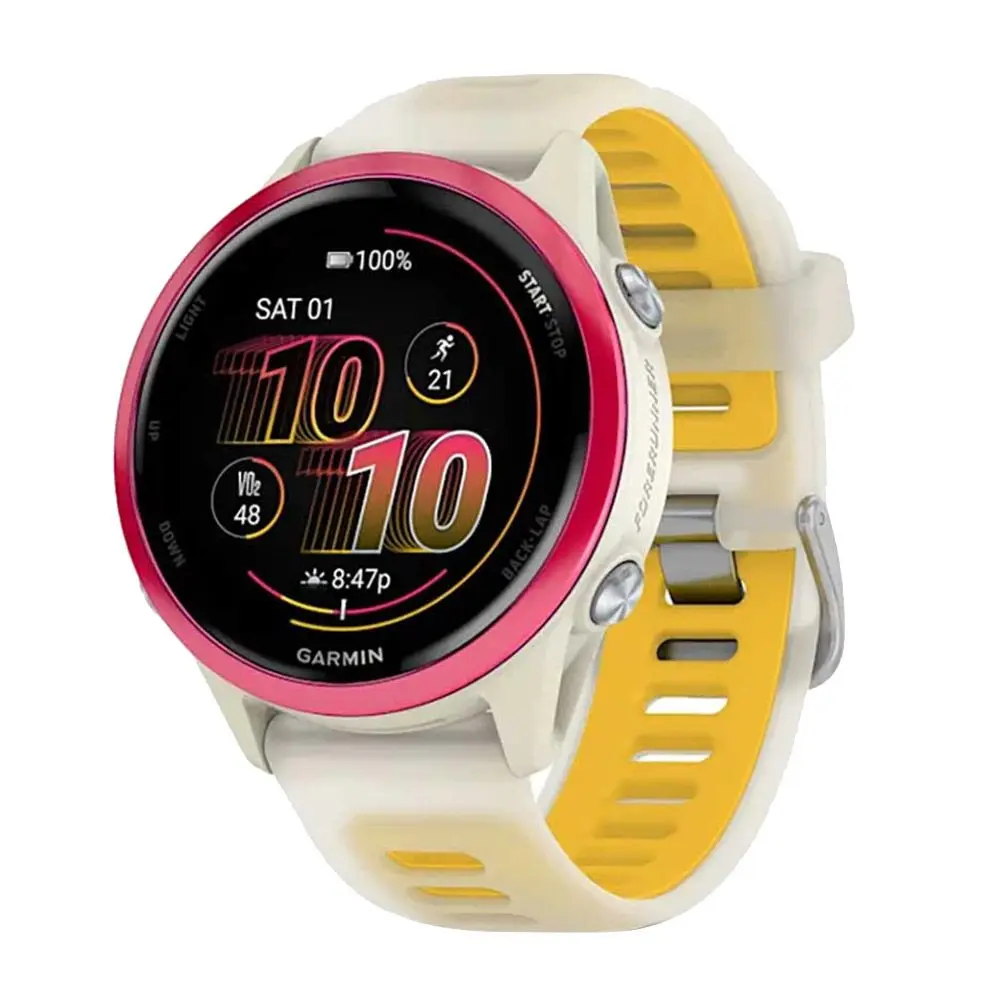 Garmin Forerunner 570 42mm Raspberry Aluminum Smartwatch with Translucent Bone/ Mango Band