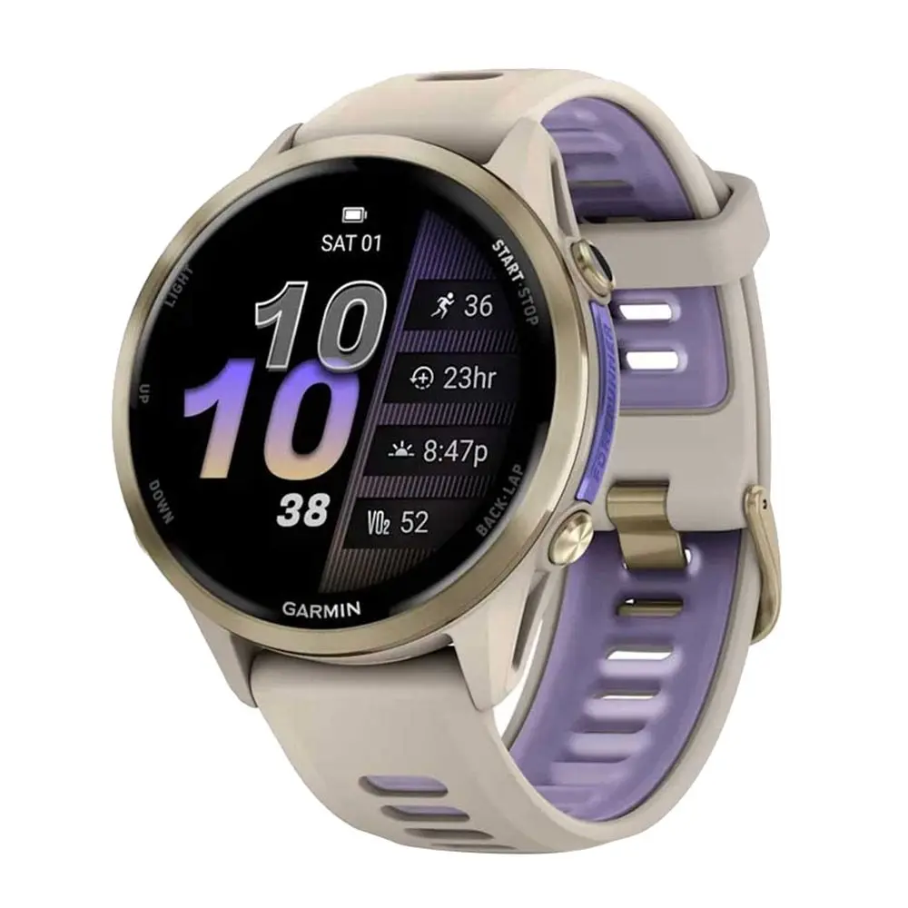 Garmin Forerunner 970 Soft Gold Titanium Smartwatch with French Gray Case & French Gray/ Translucent Indigo Band