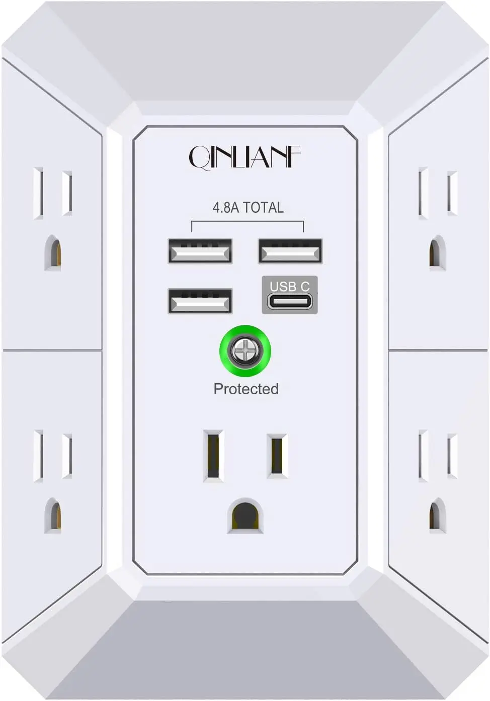 Wall Charger, Surge Protector, QINLIANF 5 Outlet Extender with 4 USB Charging Ports (4.8A Total) 3-Sided 1680J Power Strip Multi Plug Adapter Spaced for Home Travel Office (3U1C) 