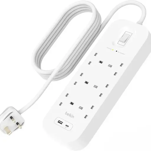 [SRB002af2M] Belkin 6-Outlet Surge Protector 18W, USB-A & USB-C Ports, 2M Cord