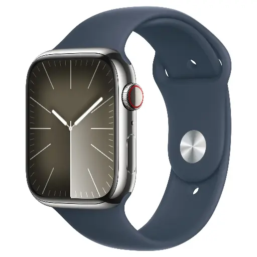 [‎B0CHX5HSRC] Apple Watch Series 9 GPS + Cellular 45mm Silver Stainless Steel Case with Storm Blue Sport Band - M/L
