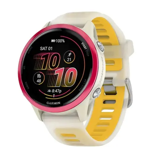 [010-02970-02] Garmin Forerunner 570 42mm Raspberry Aluminum Smartwatch with Translucent Bone/ Mango Band